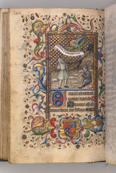 Godziny Karola Szlachetnego, króla Nawarry 1361-1425: Zwiastowanie pasterzom... verso, c1 autorstwa Master of the Brussels Initials and Associates