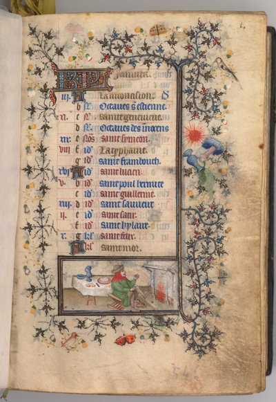 Godziny Karola Szlachetnego, króla Nawarry 1361-1425: fol. 1, styczeń, ok. godz. 1405. autorstwa Master of the Brussels Initials and Associates