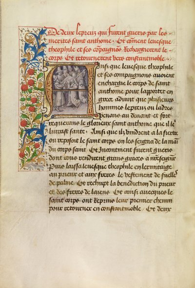 Inicjał A: Ciało świętego Antoniego przewiezione do Konstantynopola i uzdrowienie dwóch trędowatych po dotknięciu ciała świętego autorstwa Master of the Brussels Romuléon