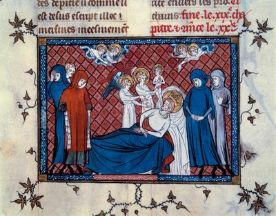 Śmierć św. Ludwika w Tunisie 25 sierpnia 1270 r. miniatura z rękopisu „Życie i cuda św. Ludwika” (str. 277), zinluminowana przez Mahieta i napisana przez Wilhelma z Saint-Pathus autorstwa Master of the Cambrai Missal Mahiet