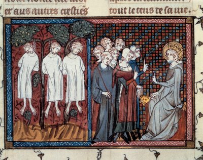Egzekucje zlecone przez Enguerranda IV de Coucy. Ludwik IX wymierza sprawiedliwość. Miniatura Mahieta w „Życie i cuda św. Ludwika””, rękopis Guillaume De Saint Pathus autorstwa Master of the Cambrai Missal Mahiet