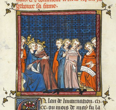Filip August i król Jan Anglii zawarli pokój, ilustracja z „Grandes Chroniques de France ou de St Denis” autorstwa Master of the Cambrai Missal Mahiet