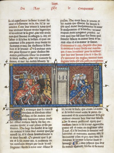 Royal 16 G. VI f.385 Bitwa z Janem, królem Anglii i Ludwikiem VIII w marszu, z „Les Grandes Chroniques de France”, ok. 1332-50 (atrament, kolor i złoto na welinie) autorstwa Master of the Cambrai Missal Mahiet