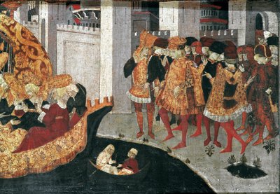 Decameron de Boccaccio (Jean Boccaccio): kasztelan Pericone wita Alatiel, córkę sułtana Babilonu Beminedab i jej apartament na wyspie Majorka (Pericone da Visalgo wita Alatiel, córkę Beminedaba, sułtana Babilonu, na cześć autorstwa Master of the Cassoni