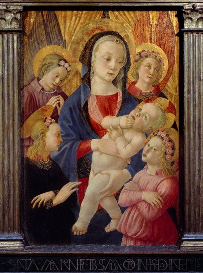Dziewica i dziecko w otoczeniu czterech aniołów. Obraz Mistrza Narodzenia Castello Ec. Włochy. autorstwa Master of the Castello Nativity