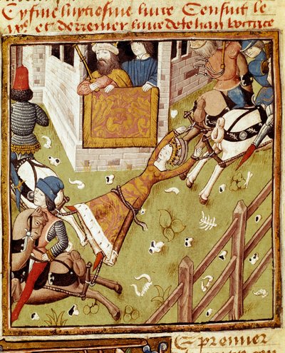 Tortura Brunehauta: Brunehaut czyli Brunehilda (543-613), więzień Chlotaire (Clothaire) II, rozszarpywana przez konie ciągnące swoich członków z każdej strony - Miniatura Mistrza Czempionki Dam z rękopisu „” Des hommes illustres „””” 15 autorstwa Master of the Champion des Dames