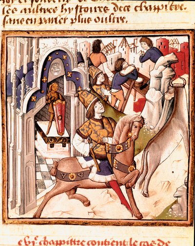 Reprezentacja Kadmosa, założyciela miasta Teb w starożytnej Grecji. Miniatura Mistrza Czempionki Dam (XV w.) z rękopisu „Des hommes illustres” Giovanniego Boccaccio (Jean Boccaccio) (1313-1375). XV wiek. Carpe autorstwa Master of the Champion des Dames