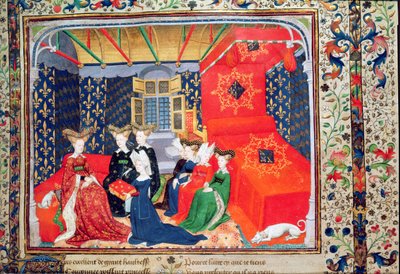 Harl 4431 fol.3 Christine de Pisan przedstawiająca swoją książkę królowej Izabeli Bawarskiej, z wierszy Christine de Pisan, c.1410-15 (welum) autorstwa Master of the Cité des Dames