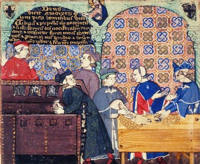 Chciwość. Miniatura ze scenami bankowości autorstwa Master of the Cocharelli Codex