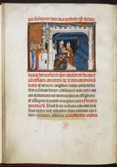 Cotton Tiberius B.VIII f.44v Biskupi Reims i Beauvais podnoszący króla ze wzgórza, z „Księgi koronacyjnej Karola V, króla Francji” autorstwa Master of the Coronation Book of Charles V