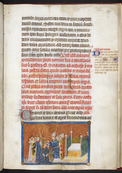 Cotton Tiberius B.VIII f.59 Arcybiskup Reims umieszczający koronę na głowie króla, z „Księgi koronacyjnej Karola V, króla Francji” autorstwa Master of the Coronation Book of Charles V