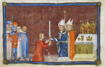 Cotton Tiberius B. VIII f.49v Arcybiskup Reims zwraca miecz królowi, ilustracja z „Księgi koronacyjnej Karola V, króla Francji” autorstwa Master of the Coronation Book of Charles V