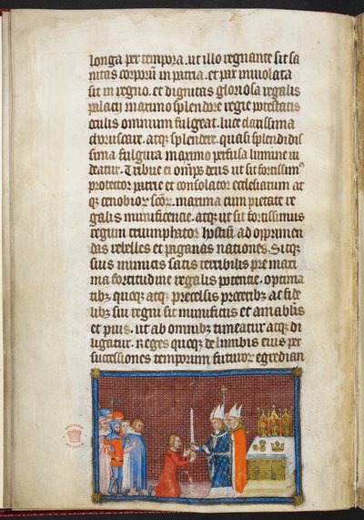 Cotton Tiberius B. VIII f.49v Arcybiskup Reims zwraca miecz królowi, ilustracja z „Księgi koronacyjnej Karola V, króla Francji” autorstwa Master of the Coronation Book of Charles V