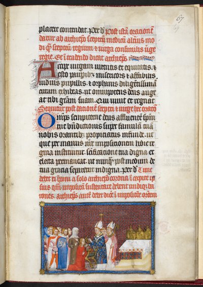Cotton Tiberius B. VIII f. 69r Królowa odbierająca berło i virga z „Księgi koronacyjnej Karola V, króla Francji” autorstwa Master of the Coronation Book of Charles V
