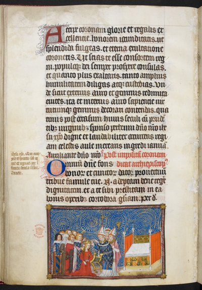 Cotton Tiberius B. VIII f.69v Arcybiskup Reims umieszczający koronę na głowie królowej i baronowie podtrzymujący jej koronę, ilustracja z „Księgi koronacyjnej Karola V, króla Francji” autorstwa Master of the Coronation Book of Charles V