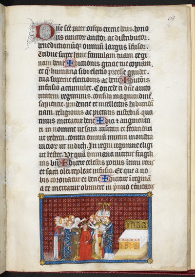 Cotton Tiberius B. VIII f.70r Baronowie podtrzymujący koronę królowej, z „Księgi koronacyjnej Karola V, króla Francji” autorstwa Master of the Coronation Book of Charles V