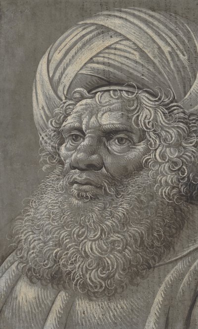 Głowa brodatego mężczyzny w turbanie prosto, pismo łacińskie verso, ca. 1510. autorstwa Master of the Death of Absalom