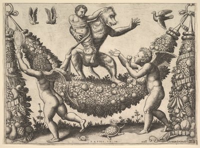 Małpa trzymająca związane putto stojąca na wianku, przed którym stoją dwa skrzydlate p..., 1530-60. autorstwa Master of the Die