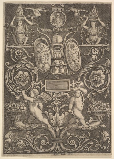 Panel ornamentu, putta stojące na rogu obfitości w dolnej części, 1530-60. autorstwa Master of the Die