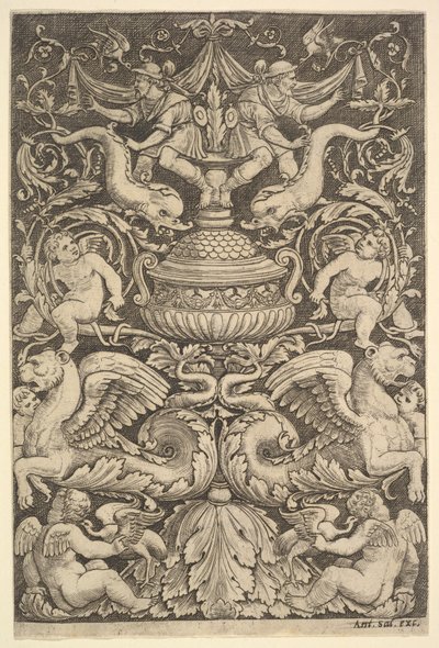 Panel ornamentu z dużym słojem pośrodku, putta i inne figury, 1530-60. autorstwa Master of the Die