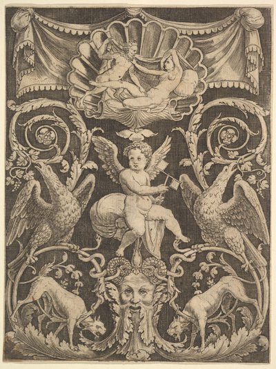 Tablica ornamentu z puttem pośrodku z wiatrakiem, 1532 r. autorstwa Master of the Die