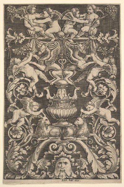 Panel ornamentu z figurami puttów, kozy i innych, 1530-60. autorstwa Master of the Die