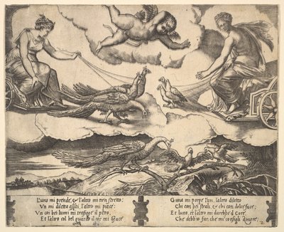 Alegoria małżeństwa i miłości, Junona w rydwanie ciągniętym przez pawie po lewej, Wenus w ..., 1530-60. autorstwa Master of the Die