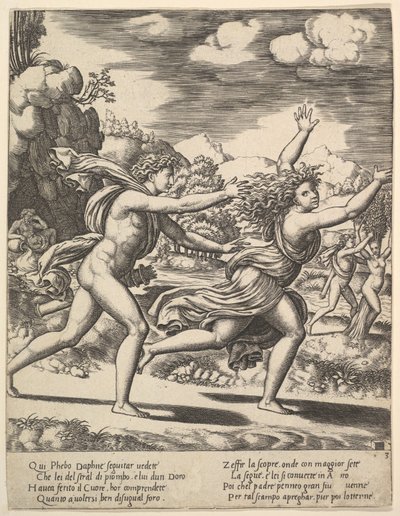 Apollo goni Daphne, która macha ramionami w górze, w tle po prawej stronie pokazuje chwila..., 1530-60. autorstwa Master of the Die
