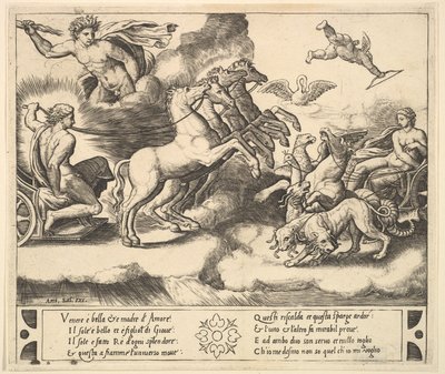 Apollo w swoim rydwanie konnym po lewej, nad nim nad Jowiszem miota grzmot..., 1530-60. autorstwa Master of the Die