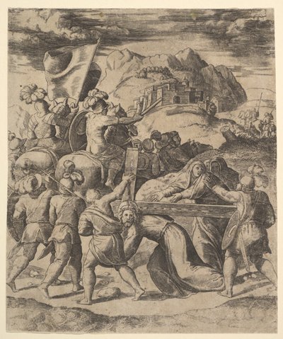 Chrystus niosący krzyż w otoczeniu żołnierzy, kilku na koniach, 1530-60. autorstwa Master of the Die