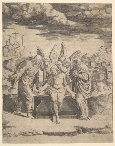 Chrystus siedzący na grobie podtrzymywany przez anioły, 1530-60. autorstwa Master of the Die