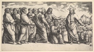 Chrystus stojący po lewej wskazujący na stado owiec, przed nim klęka św. Piotr św..., 1530-60. autorstwa Master of the Die