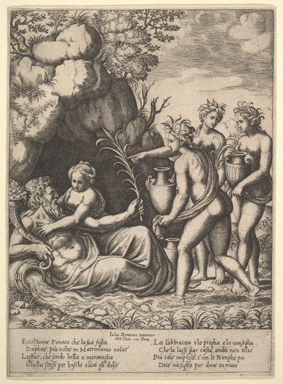 Daphne obejmując swojego ojca, boga rzeki Peneusza, po lewej stronie trzy nimfy przynoszą słoje..., 1530-60. autorstwa Master of the Die