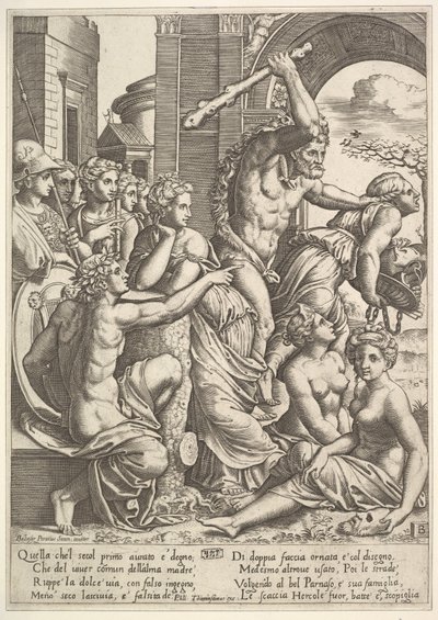 Zazdrość lub skąpstwo po prawej wypędzane ze świątyni Muz przez Herkulesa, który ..., 1530-60. autorstwa Master of the Die