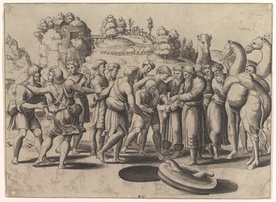 Józef pośrodku sprzedawany przez braci stojących nad studnią, po prawej wielbłądy, 1533. autorstwa Master of the Die