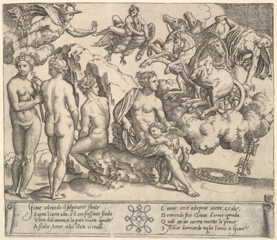 Jowisz spadający z powozu po prawej, Ganimedes w postaci orła..., 1530-60. autorstwa Master of the Die