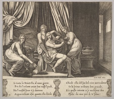 Tablica 10: nimfy pomagające Psyche ubierać włosy, z „Bajki o Psyche”, 1530-60. autorstwa Master of the Die