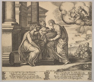 Płyta 11: Psyche daje prezenty swoim siostrom, z „Bajki o Psyche”, 1530-60. autorstwa Master of the Die