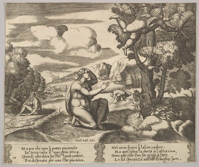 Płyta 14: Kupidyn w powietrzu uciekający z Psyche, z „Bajki o Psyche”, 1530-60. autorstwa Master of the Die