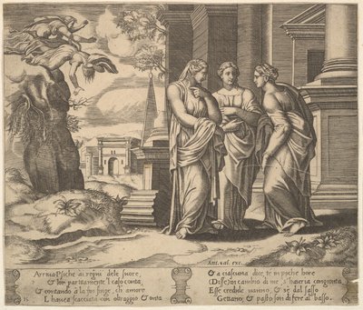 Płyta 15: Psyche opowiadająca swoje nieszczęścia siostrom, z Bajki o Psyche, 1530-60. autorstwa Master of the Die