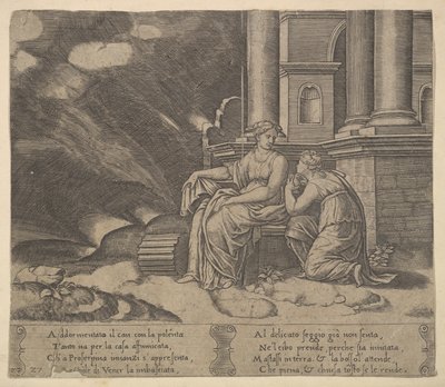 Ilustracja 27: Proserpina daje Psyche pudełko piękna z „Bajki o Kupidyna i Psyche”, 1530-60. autorstwa Master of the Die