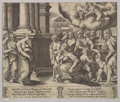 Ilustracja 2: ludzie oddający boskie honory Psyche, z „Bajki o Psyche”, 1530-60. autorstwa Master of the Die