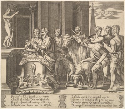 Ilustracja 4: Ojciec Psyche konsultujący się z wyrocznią, z „Bajki o Psyche”, 1530-60. autorstwa Master of the Die