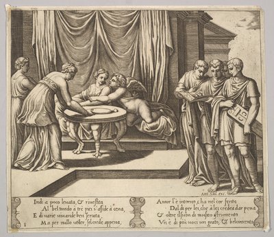 Obrazek 8: Psyche siedząca przy stole w towarzystwie niewidzialnych sług, Eros obok g..., 1530-60. autorstwa Master of the Die