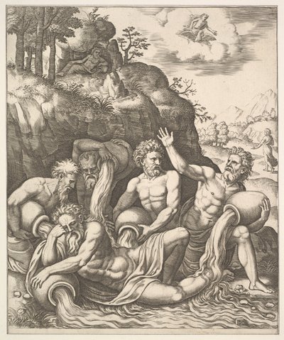 Bogowie rzeki pocieszają Peneusza za utratę córki, Daphne z „The Story of Apo…, 1530-60”. autorstwa Master of the Die