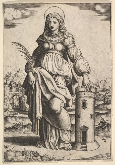 Święta Barbara stojąca z dłonią w prawej ręce, lewą opartą o wieżę, 1530-60. autorstwa Master of the Die