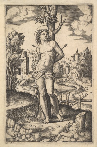Św. Sebastian przywiązany do drzewa przebitego strzałami, 1530-60. autorstwa Master of the Die