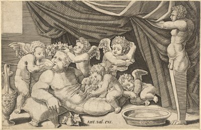 Lustro rzymskiej wspaniałości: Bachus otoczony przez Putti z Priapusem trzymającym ..., XVI wiek. autorstwa Master of the Die