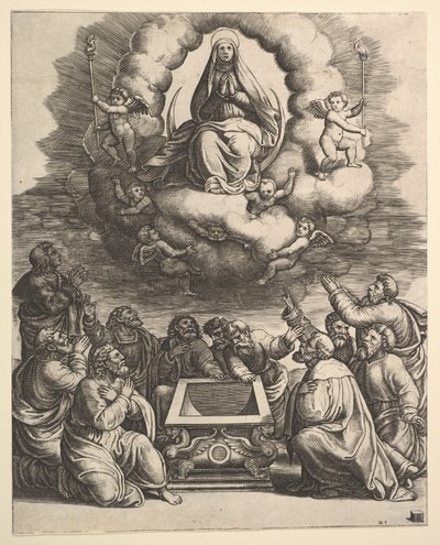Wniebowzięcie Najświętszej Marii Panny, poniżej apostołów otacza grób, 1530-60. autorstwa Master of the Die