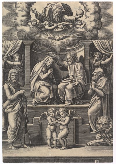 Koronacja Najświętszej Marii Panny, na dole po lewej stronie św. Jan Chrzciciel, na dole po prawej..., 1530-60. autorstwa Master of the Die
